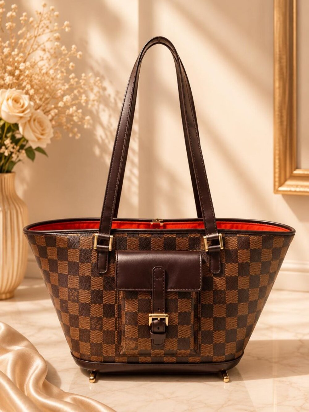 Authentic Louis Vuitton Manosque PM Damier Ebene Tote Bag Brown Shoulder Bag